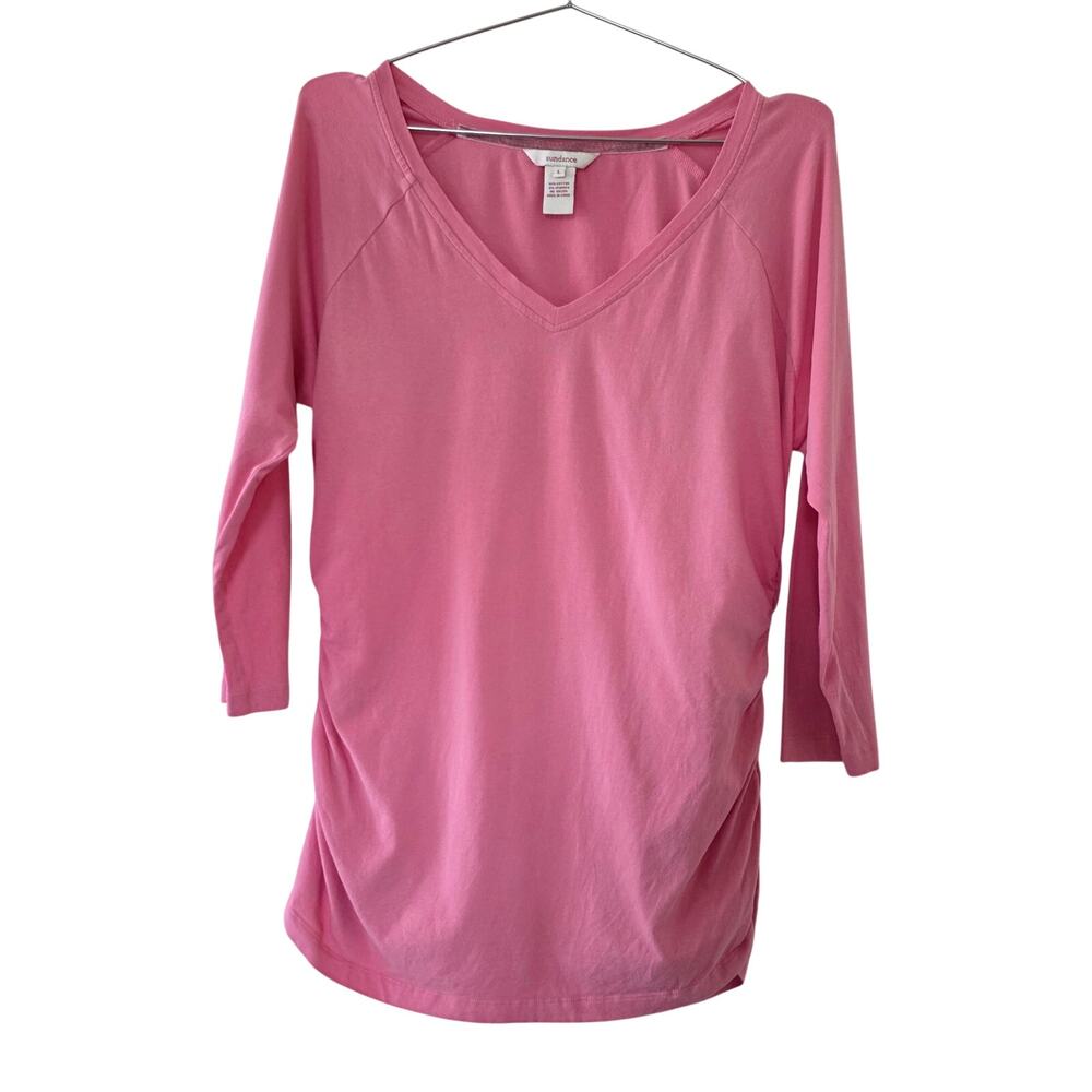 Sundance Pink Ruched Side V-Neck 3/4 Sleeve Tunic Top Womens Size L